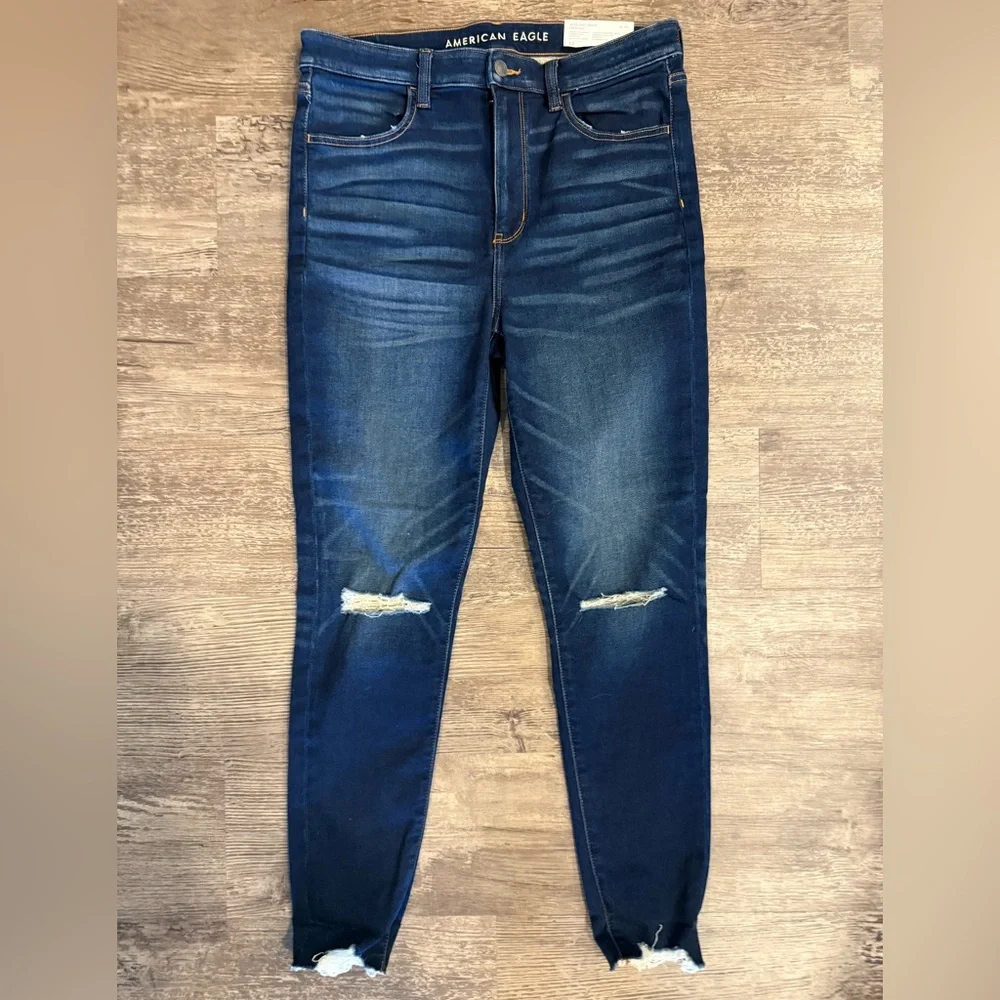 American Eagle Outfitters Dark Blue Ripped High Waisted Jeggings NWT - Picture 2 of 5